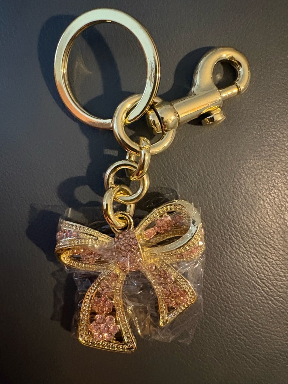 Gold-Tone Pink Crystal Bow Key & Card Holder Charm